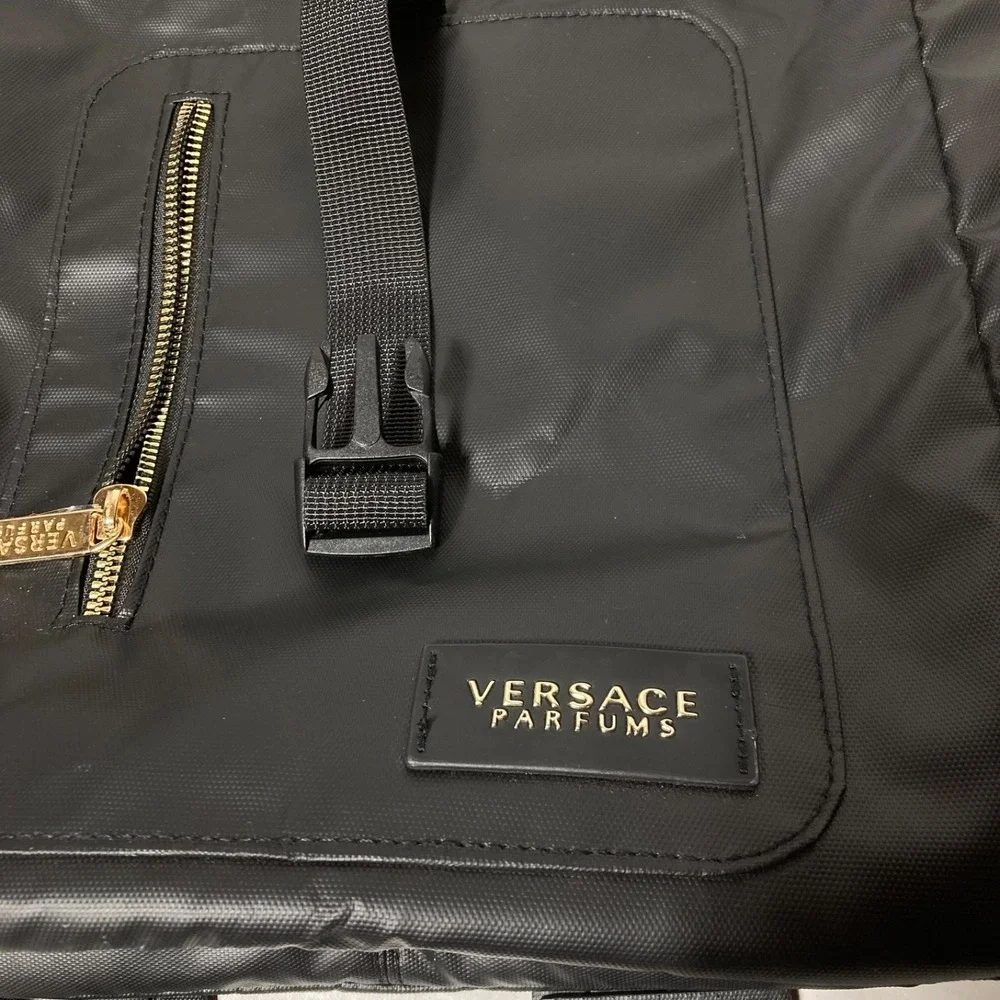 Versace Parfums Black Backpack Tote Bag Gold Greek Key Straps‎